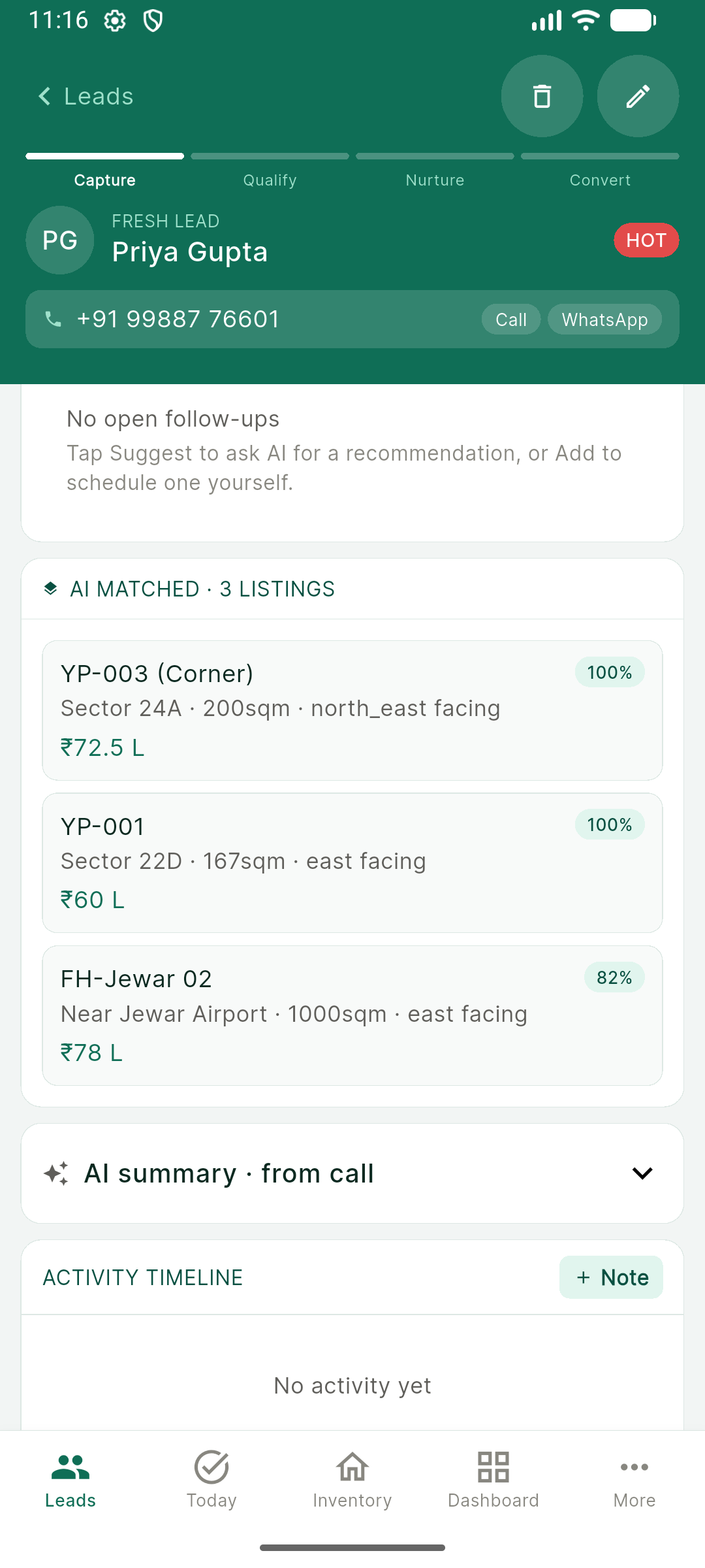 Lead detail showing AI-matched listings with scores